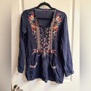 Johnny Was Floral Embroidered Navy Top